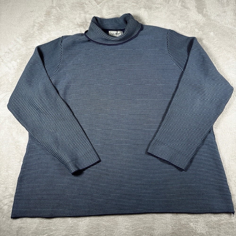 L.L.Bean VTG Cotton Turtleneck Sweater Womens 2X Blue Stripe Knit Pullover Top